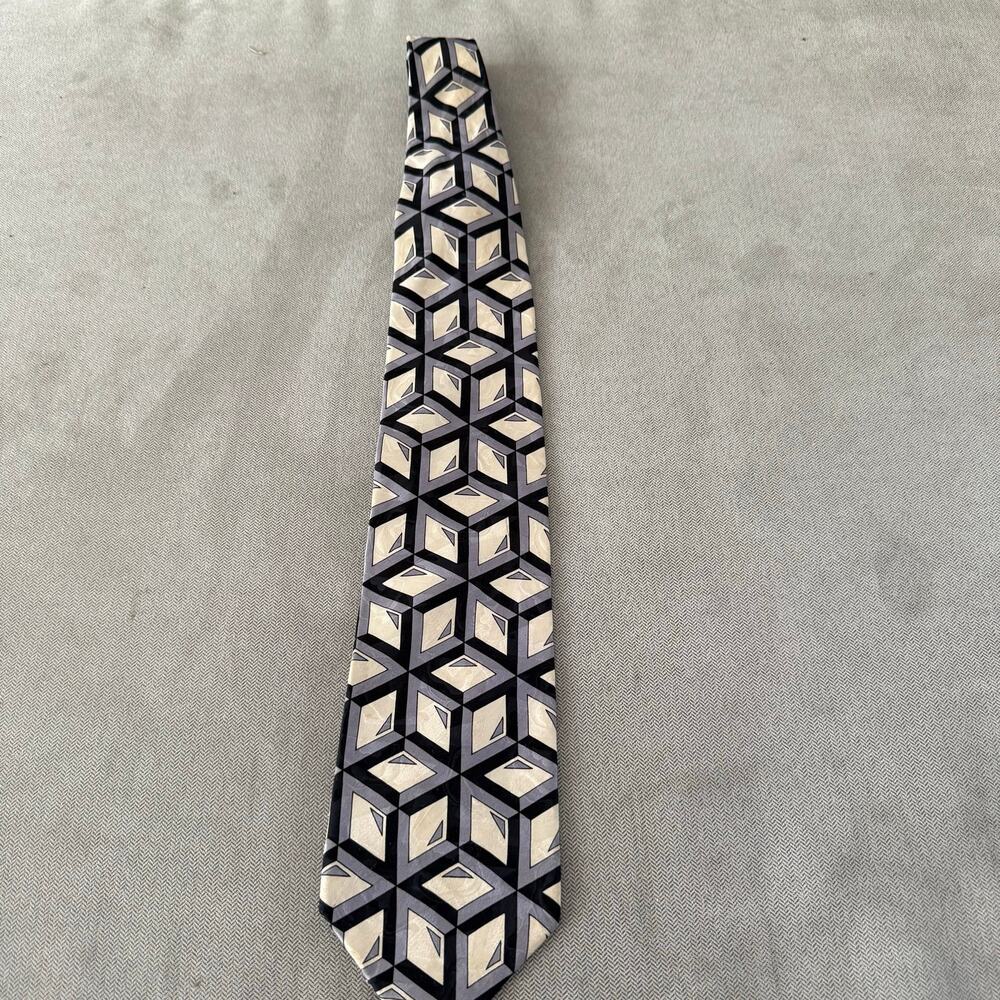 Giorgio Benelli Geometric Silk Necktie Gray Black Cream Retro Mens Tie